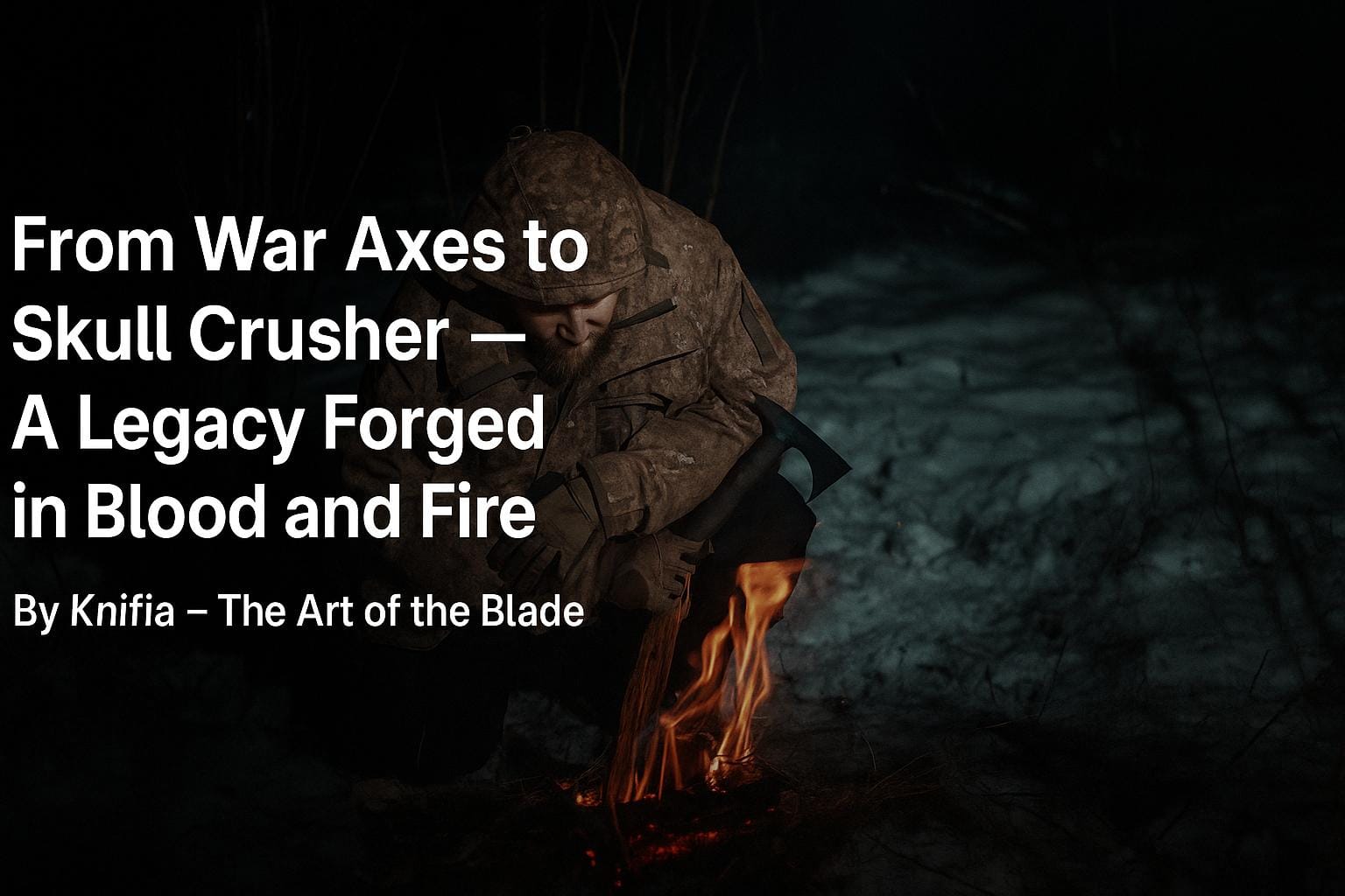 Soldier forging fire with Skull Crusher tactical tomahawk in snow — handmade survival axe from Ukraine