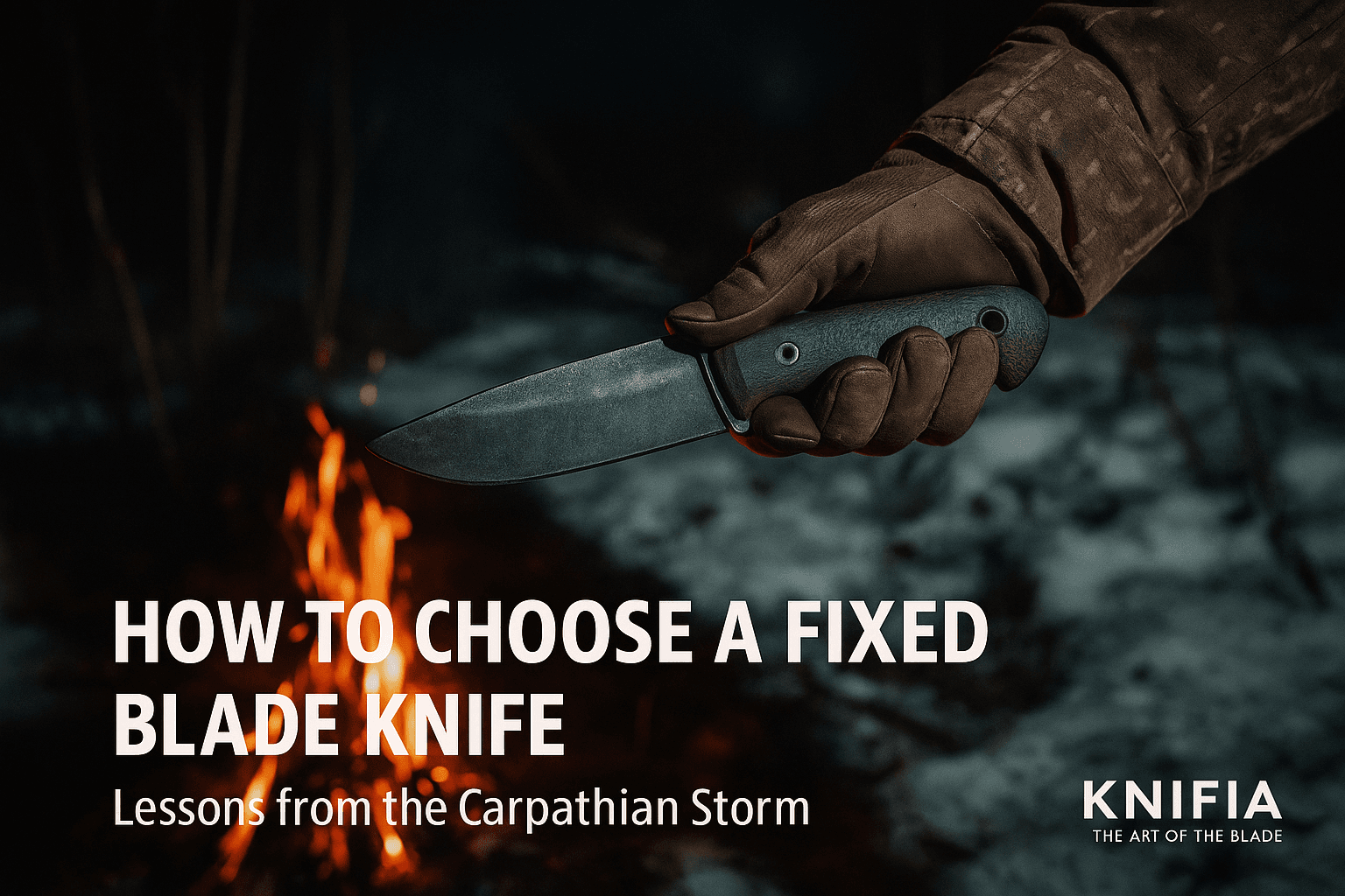 Traveler in the Carpathian Mountains examining a handmade fixed blade knife by a campfire — Knifia blog post ‘How to Choose a Fixed Blade Knife.