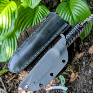 “Close-up of the Mowgli knife handle made from natural bog oak wood.”