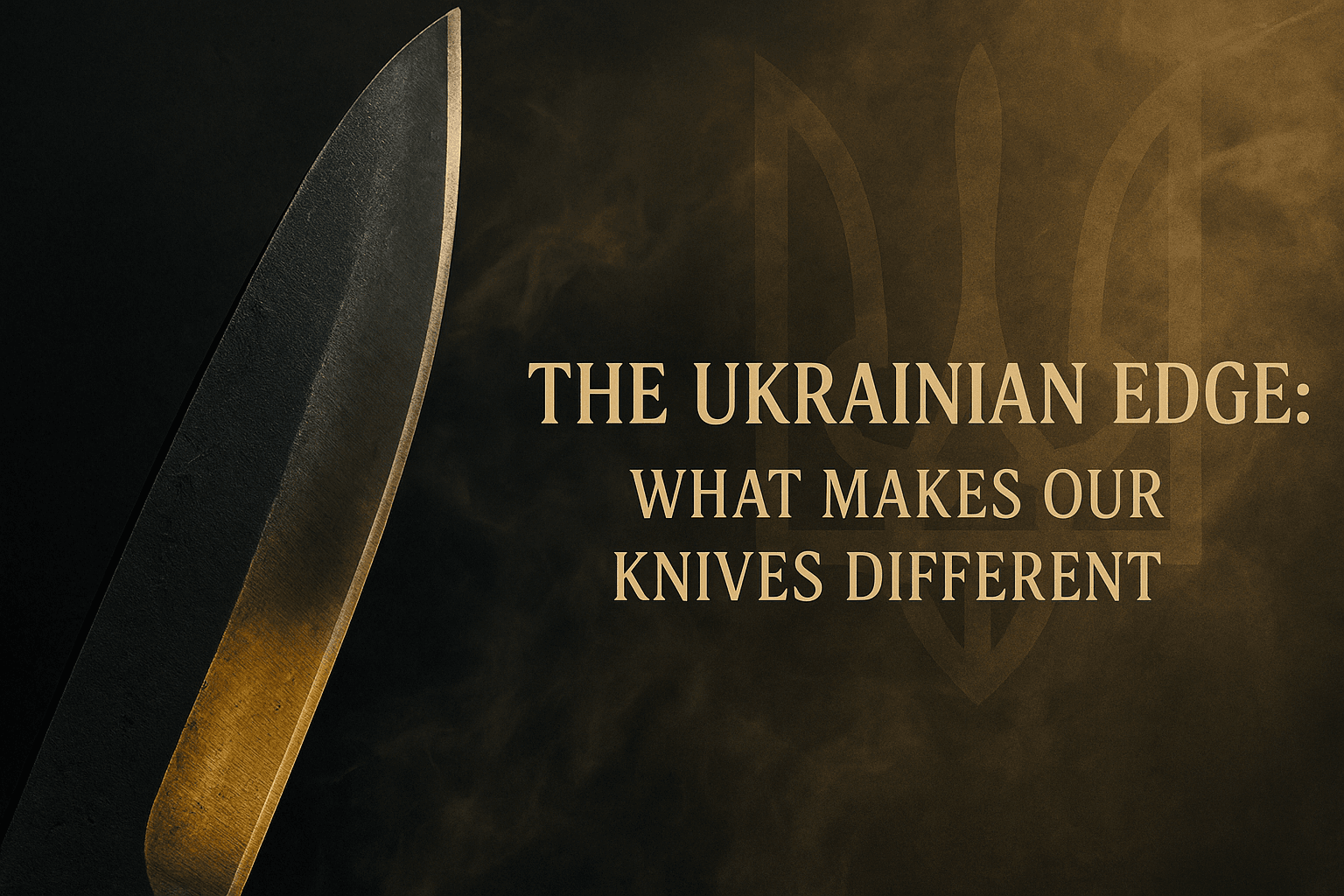 krainian handmade knife blade with a golden trident symbol glowing through smoke — Knifia cover image representing the artistry and resilience of Ukrainian craftsmanship.