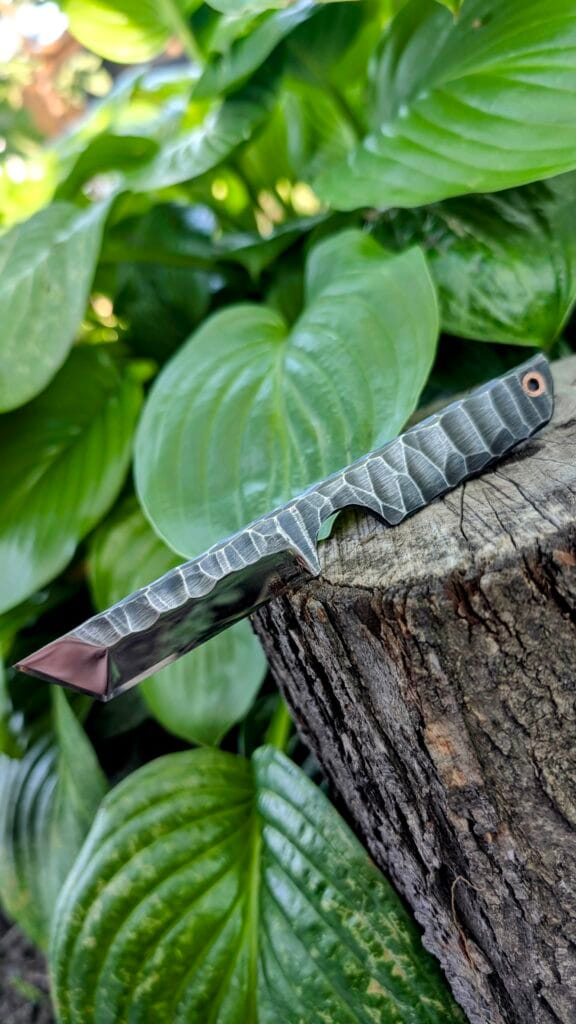 Athena Kiridashi handmade Ukrainian EDC knife by Marvyn Knives with stone-textured blade and mirror-polished bevels.