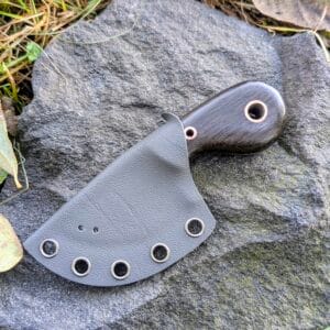 Close-up of the Scarab knife blade with stonewash finish and flat grind from the spine.