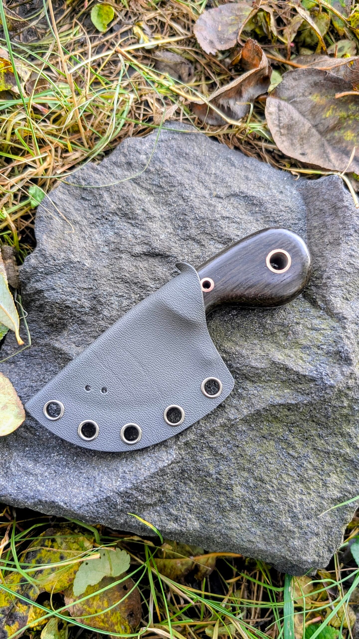 Scarab Knife Blade Detail — Stonewash Finish Close-up of the Scarab knife blade with stonewash finish and flat grind from the spine.