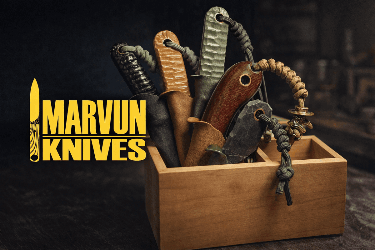 “Handmade Ukrainian knives by Marvyn Knives displayed in a workshop setting, showcasing distinctive textures, compact designs, and artisan craftsmanship.”