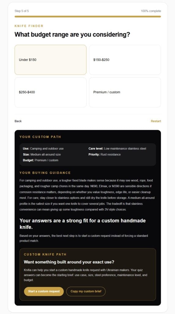 Knifia Knife Finder custom request result showing a custom handmade knife path when no exact product match is available