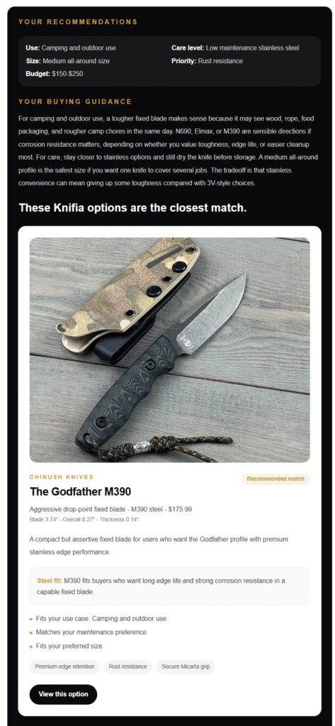 Knifia Knife Finder recommendation result showing matched handmade knife options based on user preferences