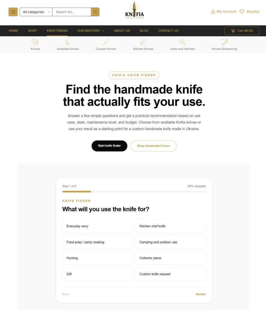 Knifia Knife Finder start screen showing the first question about what the knife will be used for
